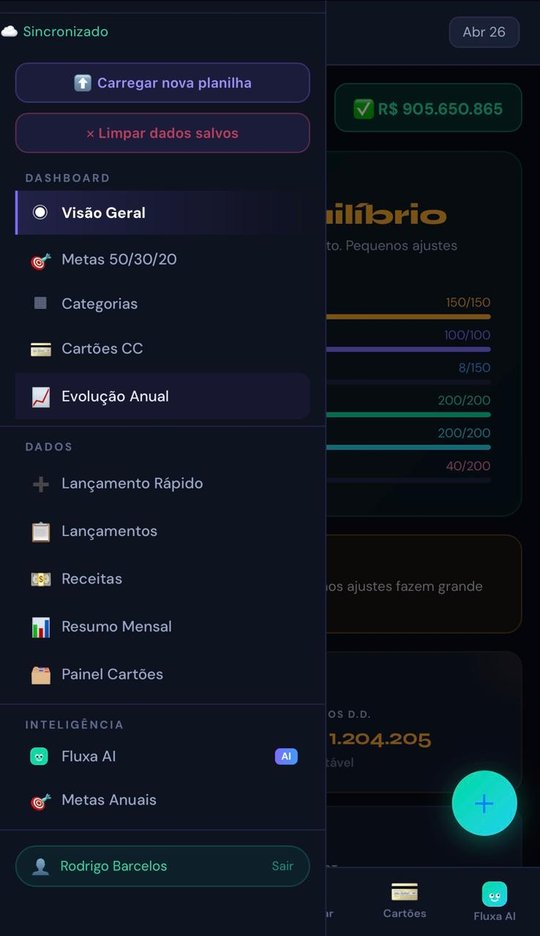 Fluxa no celular — menu lateral sincronizado